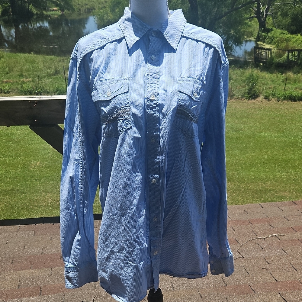 Reverse Denim Blue Western Button Down Shirt